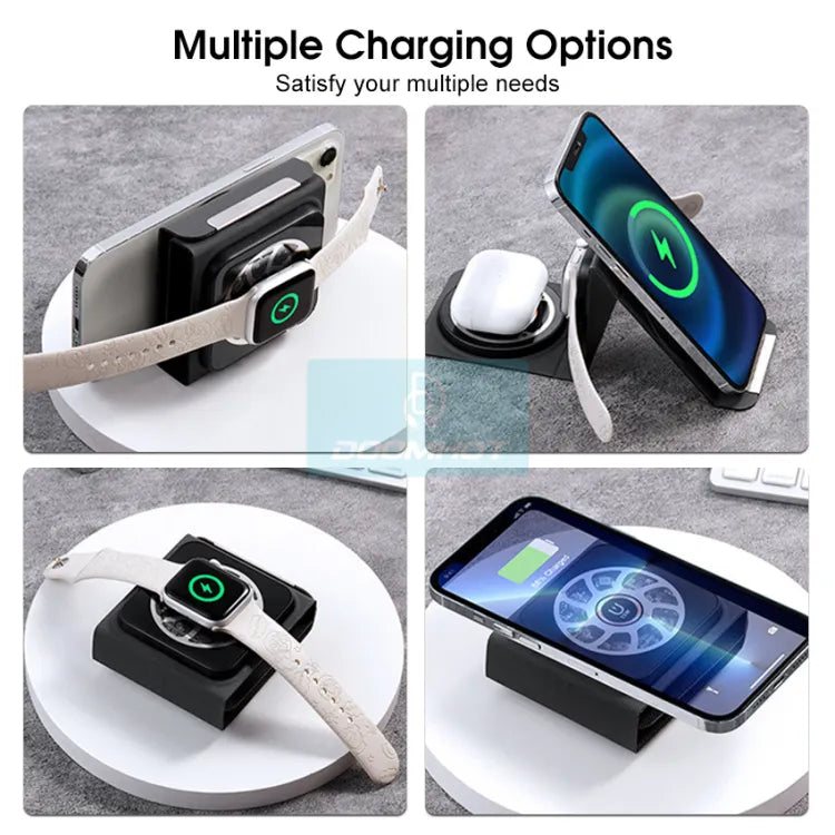 Doomhot 3 in 1 Wireless Charger Dock 15W Magnetic Wireless Charger Stand Foldable Magnetic Charger Dock Wireless Fast Charging Station for iPhone Watches Airpods