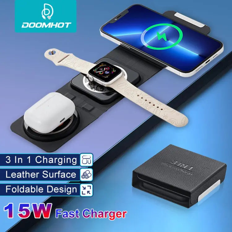 Doomhot 3 in 1 Wireless Charger Dock 15W Magnetic Wireless Charger Stand Foldable Magnetic Charger Dock Wireless Fast Charging Station for iPhone Watches Airpods